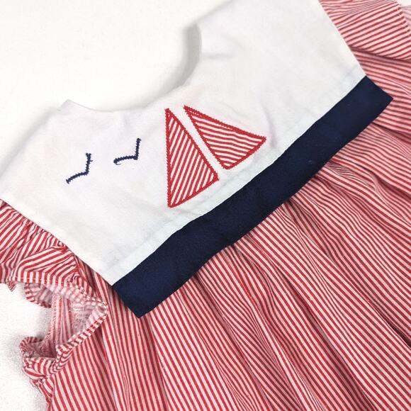 Vtg 80s Polly Flinders Dress Girls Sz 24m Red Stripe Nautical Sailor Boat - Picture 2 of 4